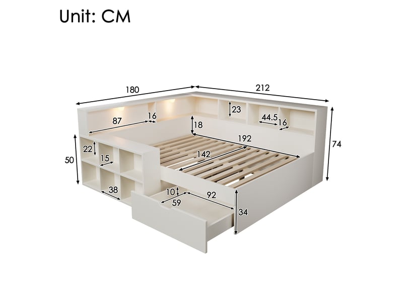  Lit coffre 140 × 190 cm 2 places avec tiroirs, étagères, usb, type-c et lampes de lecture, sans matelas, blanc  - Conforama D