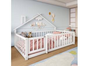Lit cabane enfant 90x190 cm blanc en pin et mdf, avec barrière à verrou, style maison