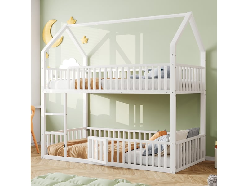  Lit superposé 90x200 cm en métal avec forme de maison coloris blanc  - Conforama D