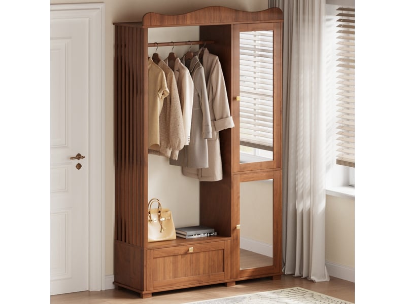  Armoire penderie avec miroir 115,5x38,5x194,5 cm – noyer – rangement ouvert, portes doubles et tiroir  - Conforama D