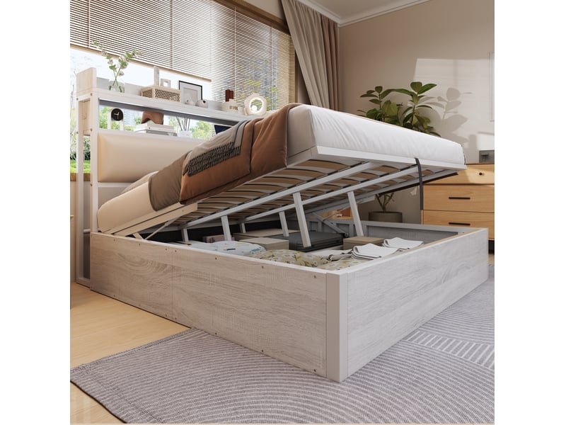 Lit coffre 180 x 200 cm avec relevage hydraulique, tête de lit usb blanche  - Conforama B