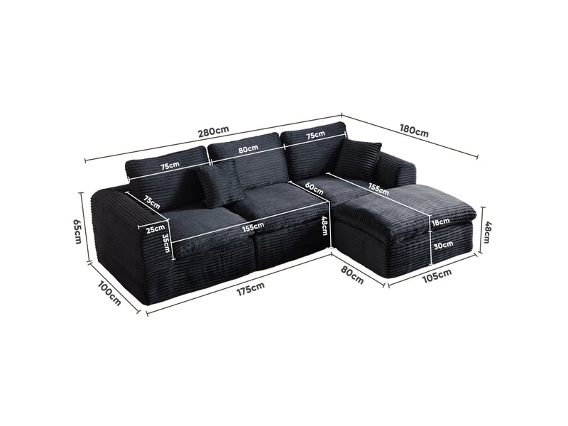  Canapé d'angle modulable 3 places convertible en couchage d'appoint, 3 modules en velours côtelé noir et bleu  - Conforama C