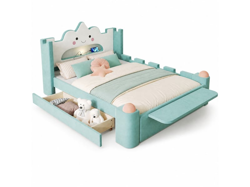  Lit enfant rembourré modenvie 140 x 200 cm avec tête de lit nuage, lampe led, port usb, tiroir de rangement réversible, tablette rabattable, tabouret, velours bleu vert  - Conforama A