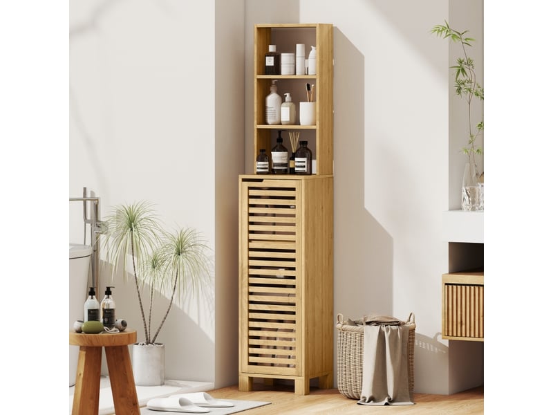  Meuble de salle de bain étroit en bambou avec 3 étagères ouvertes réglables et porte à lattes, 34 x 30 x 170 cm  - Conforama B
