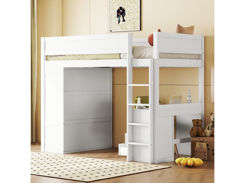 Lit mezzanine enfant 90 × 200 cm 1 place avec bureau, armoire, 2 tiroirs et étagères, sans matelas, en pin, blanc - Conforama E