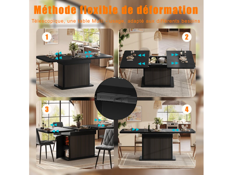 Table de salle à manger extensible 120-160x80x76 cm, rangement caché, relief vertical, multifonction, mdf, noir - Conforama D