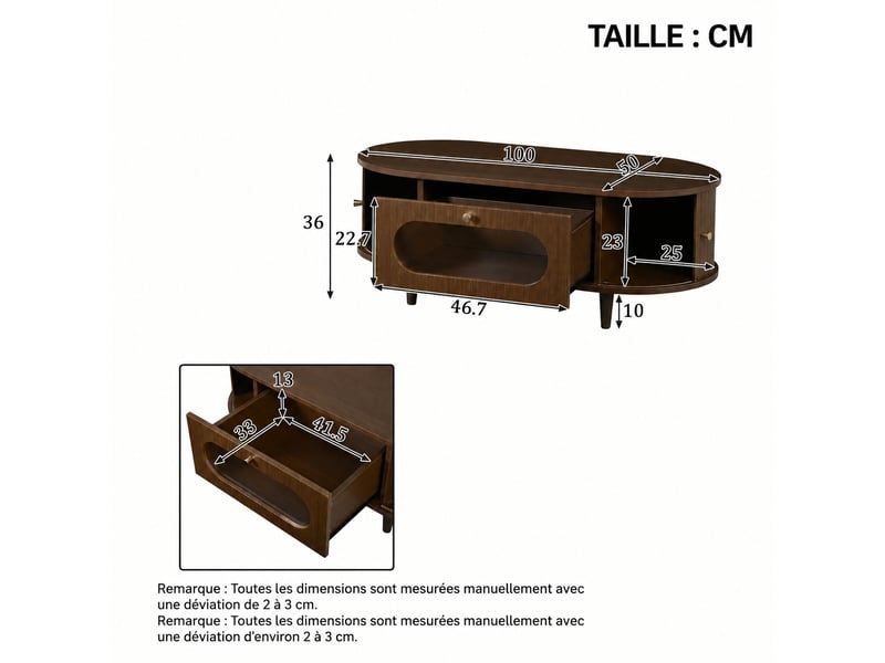Table basse couleur noyer avec rangement, 1 tiroir, 100 x 50 x 36 cm - Conforama C