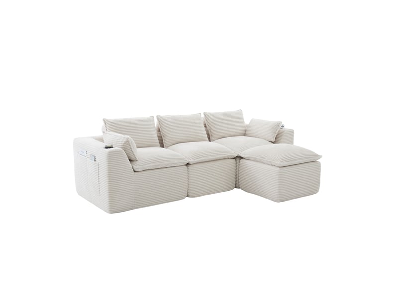 Canapé modulable 3 places en velours côtelé beige avec pouf - 256x161x75cm - porte-gobelet et poches - Conforama A