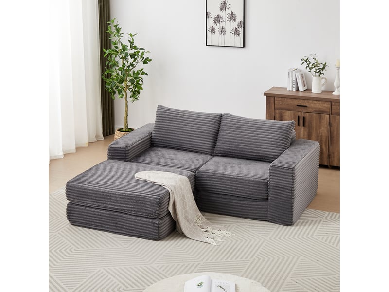  Canapé droit convertible 2 places en velours côtelé gris, modules libres et repose-pieds amovibles pour le salon  - Conforama B