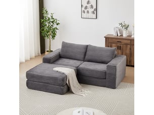 Canapé droit convertible 2 places en velours côtelé gris, modules libres et repose-pieds amovibles pour le salon