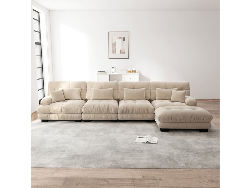  Canapé d'angle modulaire modenvie 4 places avec poufs mobiles 406 x 145 x 81 cm en chenille marron clair  - Conforama D