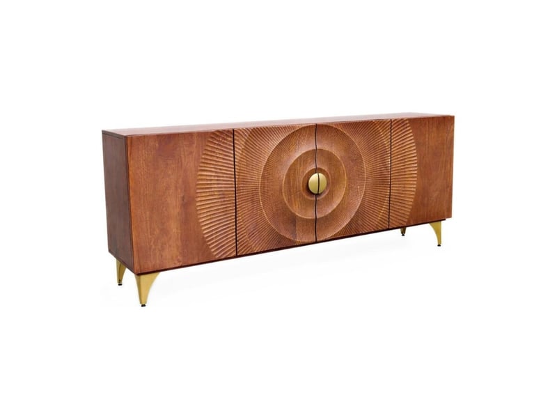 Buffet solaris 177 cm en bois massif de manguier – 4 portes sculptées motif solaire et pieds dorés - Conforama A