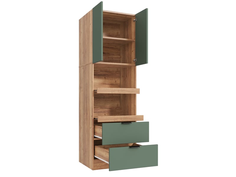 Buffet de cuisine haut 59,5x45x200 cm vert avec espace micro-ondes, 2 tiroirs, tablettes coulissantes et anti-basculement Fay Lum - Conforama D