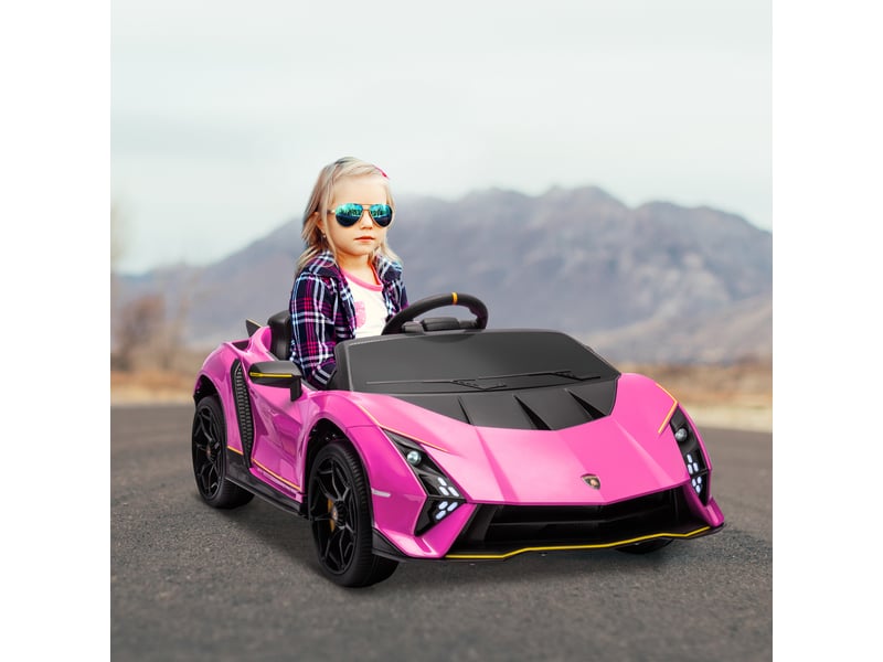  Voiture électrique pour enfants de 3 à 6 ans, lamborghini authentique 12 v avec double moteur, portes papillon, suspension, rose  - Conforama D