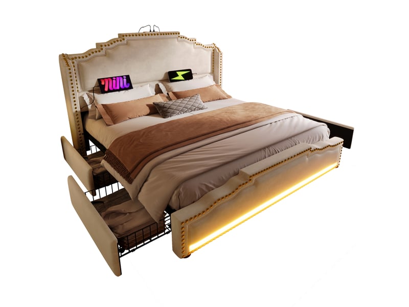 Lit coffre 160 × 200 cm 2 places avec 4 tiroirs, led réglable, usb et type-c, matelas inclus, velours beige  - Conforama A