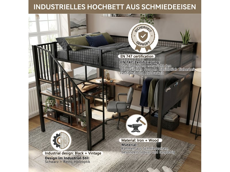  Lit mezzanine 140 × 200 cm 2 places avec bureau d'angle, port de charge, tiroir clavier et poche, sans matelas, noir vintage  - Conforama E