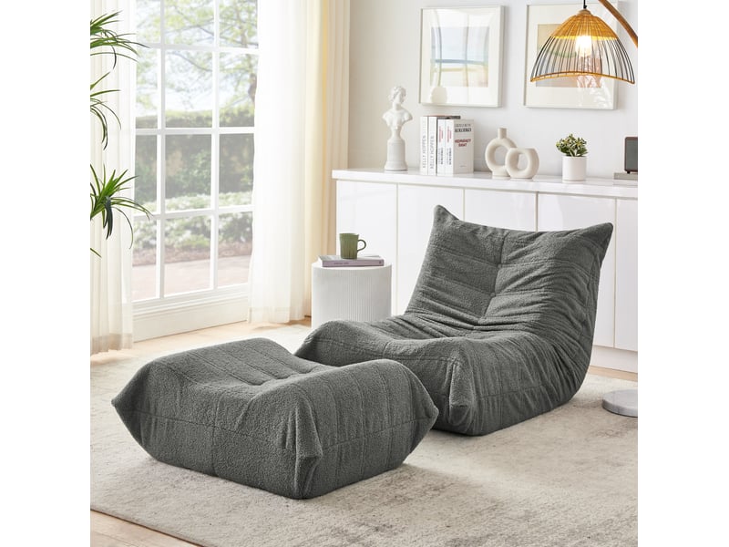  Fauteuil de sol modenvie avec dossier et repose-pieds 100 x 90 x 70 cm tissu bouclette gris  - Conforama D