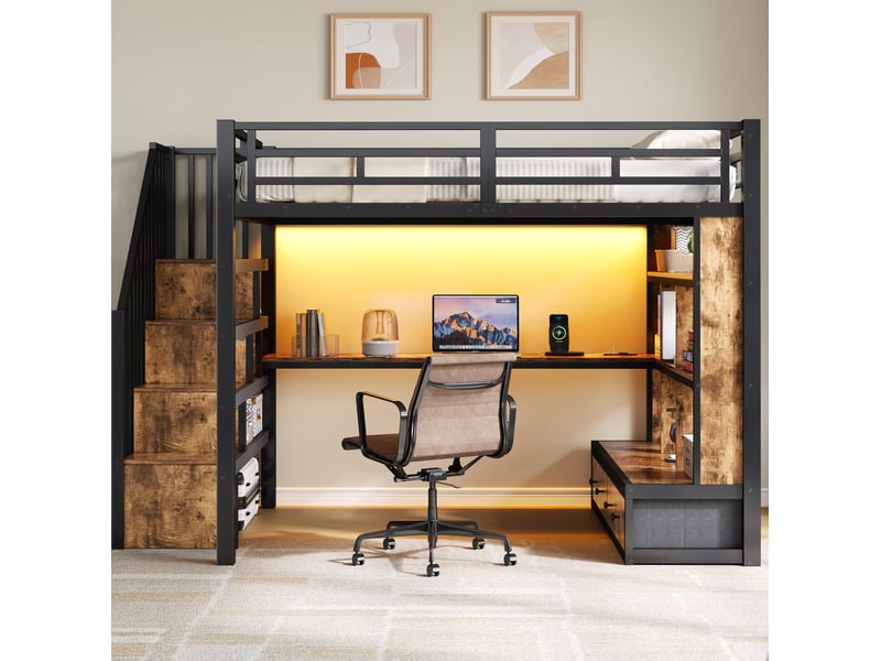 Lit mezzanine 140x200 avec bureau, étagères, tiroirs intégrés et escalier de rangement en mdf et métal noir - Conforama D