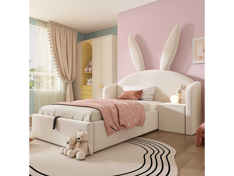  Lit coffre enfant 90x190cm, tête de lit oreilles de lapin, chevet, velours beige, sans matelas C-DEGAYUN - Conforama B