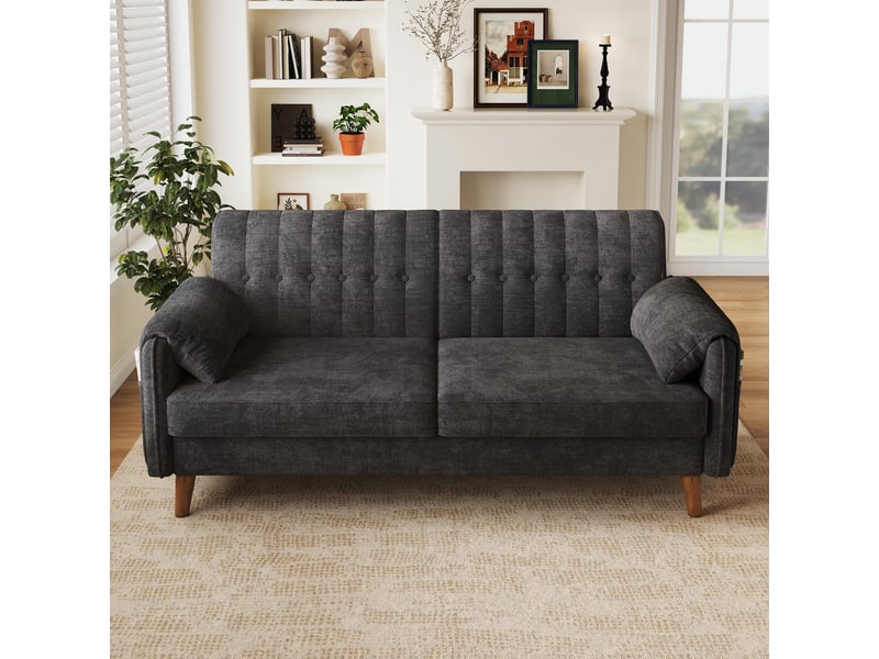  Canapé 2 places - 161.5x79x83.5cm - canapé droit en chenille avec poches latérales et pieds en bois massif 18cm - noir  - Conforama C