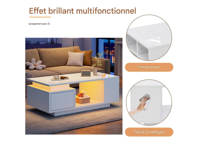  Table basse avec led et tiroir en panneau de particules blanc brillant 100x50x36 cm - pangivo  - Conforama E