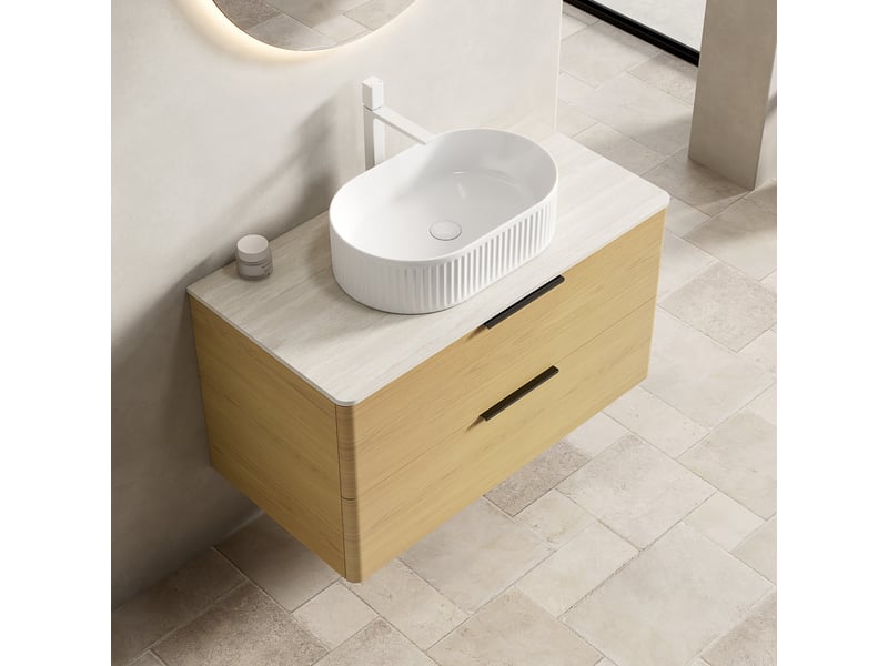  Meuble sous vasque suspendu avec 2 tiroirs à fermeture douce - lpospi - vasque ovale, céramique beige et chêne 90 cm  - Conforama C