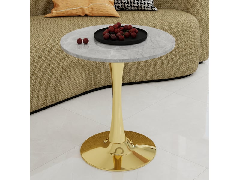  Table ronde 70x70x72 cm, guéridon pour 2 personnes, plateau en marbre artificiel veiné, pied central doré  - Conforama D