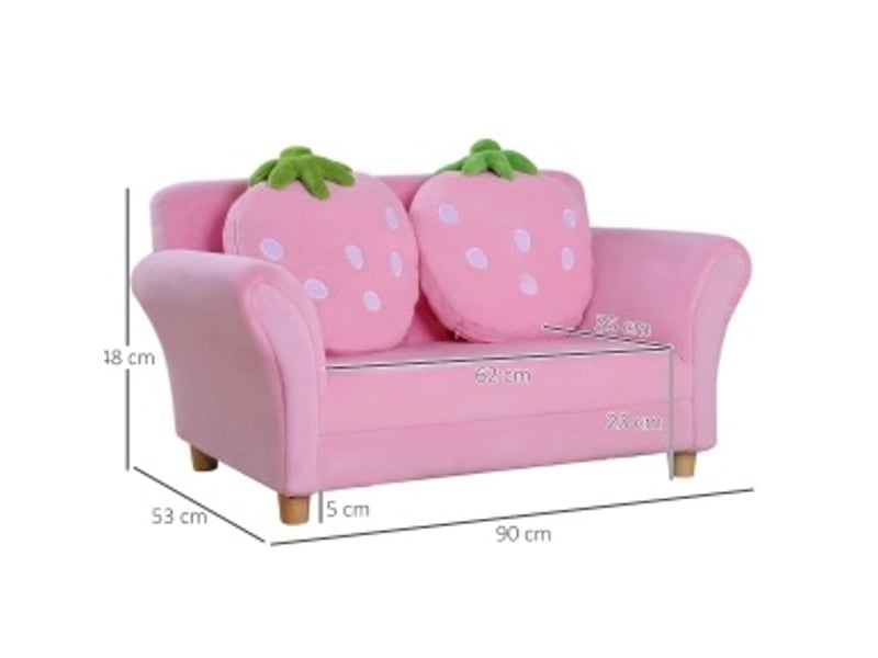  Canapé enfant 2 places 90x53x48 cm rose en bois, avec 2 coussins motif fraise pour chambre enfant  - Conforama C
