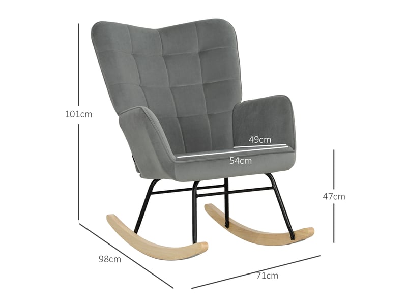  Fauteuil à bascule gris foncé, fauteuil d'allaitement confortable avec accoudoirs, revêtement velours, base en bois, 71x98x101 cm  - Conforama C