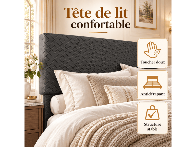 Cadre de lit double 160x200 cm avec sommier à lattes en bois, lit rembourré avec tête de lit capitonné, 2 personnes2 places, rangement sous le lit, pour adultes et adolescents, facile à assembler, chambre, structure de lit queen… - Conforama D