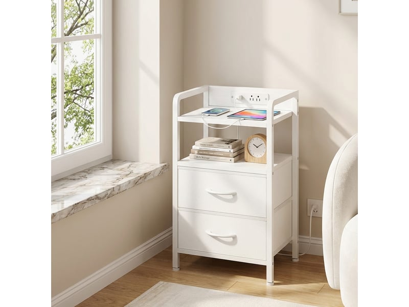  Table d'appoint moderne 3 niveaux, 2 tiroirs tissu, étagère ouverte, structure bois métal, pour chambre, salon ou entrée ，blanc PPG_34FQET6V - Conforama D