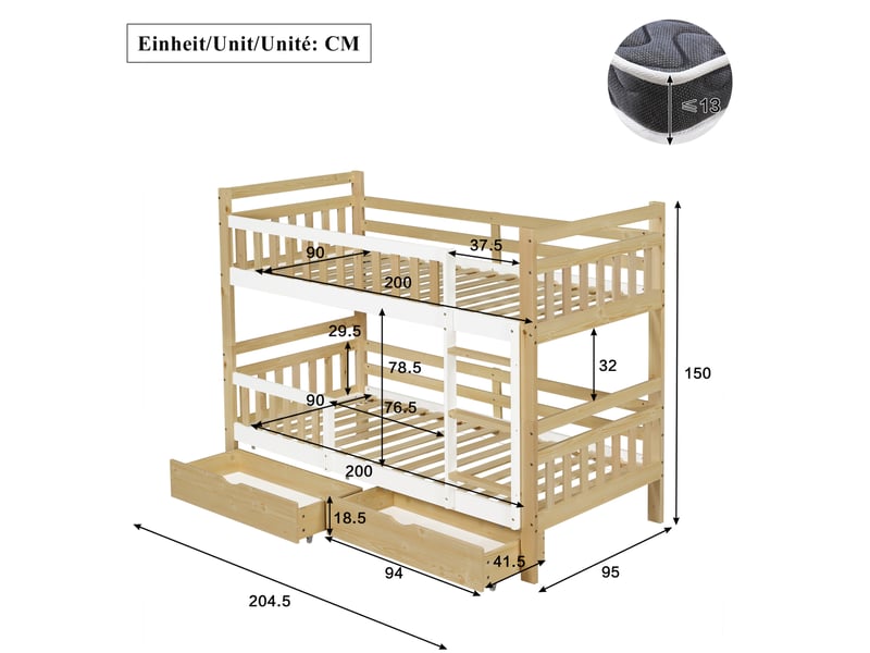  Lit superposé 90x200 cm transformable en 2 lits simples avec 2 tiroirs en bois blanc et naturel  - Conforama E