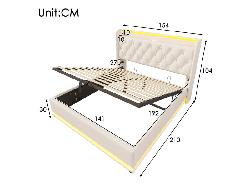  Lit coffre 140x190 cm, rangement hydraulique, éclairage led, usb et usb-c, tête de lit avec rangement pour chambre - blanc  - Conforama C