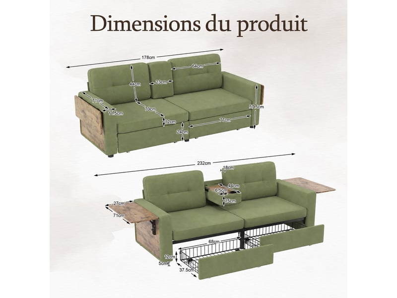  Canapé droit 2 places en chenille avec 2 tiroirs de rangement, tablettes latérales et porte-gobelets, vert, 178 cm Fay Lum - Conforama C