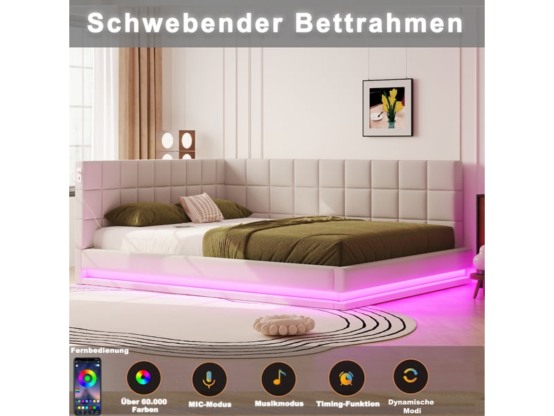  Lit capitonné et canapé-lit 160x200 cm en lin beige, éclairage led, port usb et lattes, sans matelas  - Conforama D