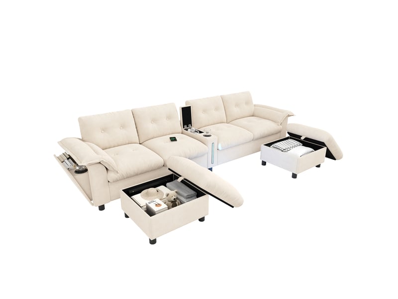  Canapé d’angle modulable 6 places 312 x 142 x 82 cm avec 2 poufs de rangement, console centrale, usb-c, led et rangements, chenille, beige OMNIGLINT TRADING LTD - Conforama A