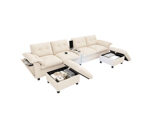 Canapé d'angle panoramique fixe <strong></strong> <strong>OMNIGLINT TRADING LTD</strong> 6 places Tissu beige avec coffre de rangement