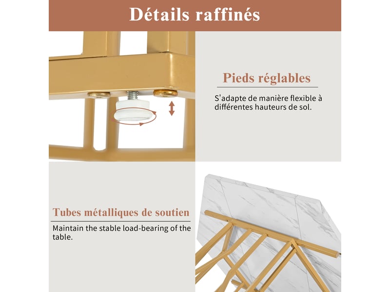 Table à manger, plateau blanc effet marbre et structure métallique dorée, idéale pour salle à manger et salon, 115,5 x 100 x 75 cm – or - Conforama D
