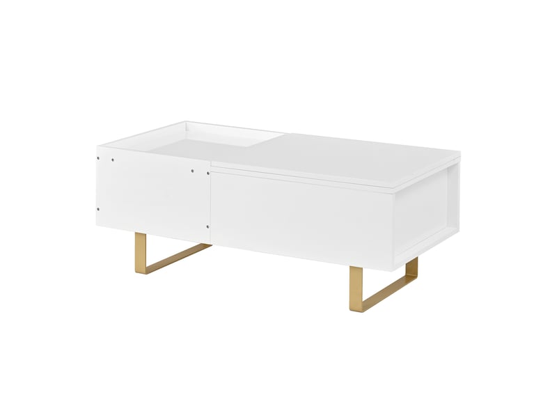  Table basse relevable - 100x50x54.5cm - table de salon en bois mdf laqué moderne avec tiroir, coffre et pieds dorés - blanc  - Conforama A