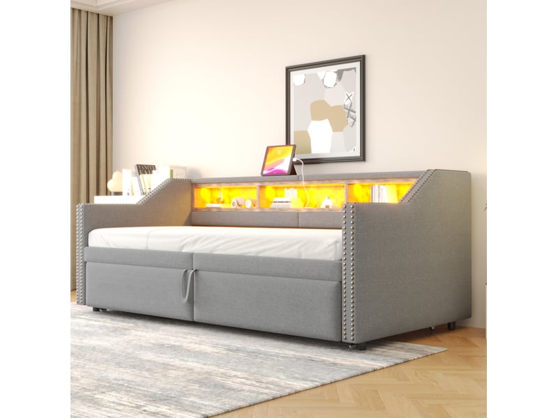  Lit gigogne 90180 x 200 cm avec led, usb et 2 matelas à ressorts, gris clair  - Conforama D