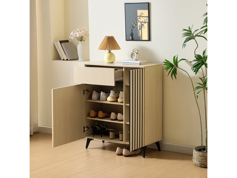  Meuble à chaussures - 75x35x90cm - buffet meuble à chaussures avec 2 portes et 1 tiroir - bois clair  - Conforama C