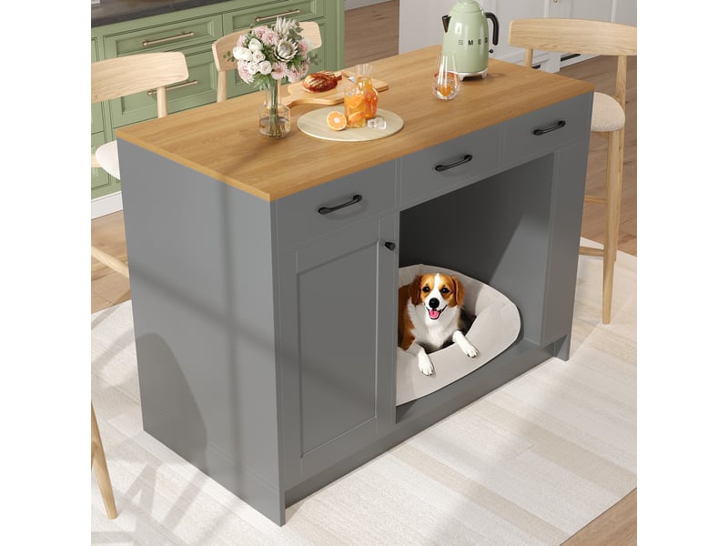  Îlot de cuisine gris et naturel desserte de cuisine avec 3 tiroirs et espace animal 120x60x90 cm  - Conforama E