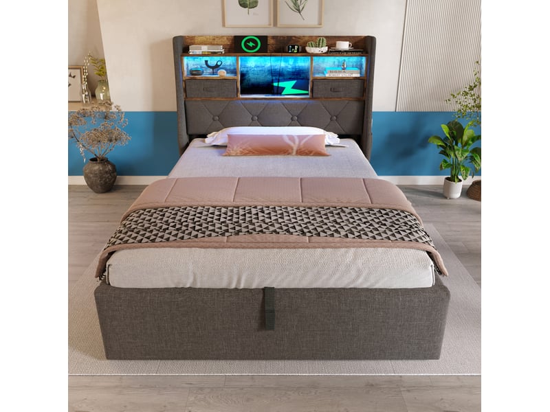  Lit coffre 90 × 200 cm 1 place avec led, 3 ports usb, usb-c et rangements, matelas inclus, en lin gris  - Conforama B