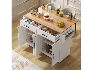 Desserte de cuisine 120 x 46 à 71 x 91,5 cm blanc et naturel en mdf, plateau rabattable, 2 tiroirs, 4 portes