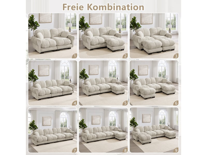 Canapé d’angle 3 places avec ottomane mobile - lpospi - assise capitonnée, chenille kaki clair, 260 × 149 × 90 cm - Conforama E