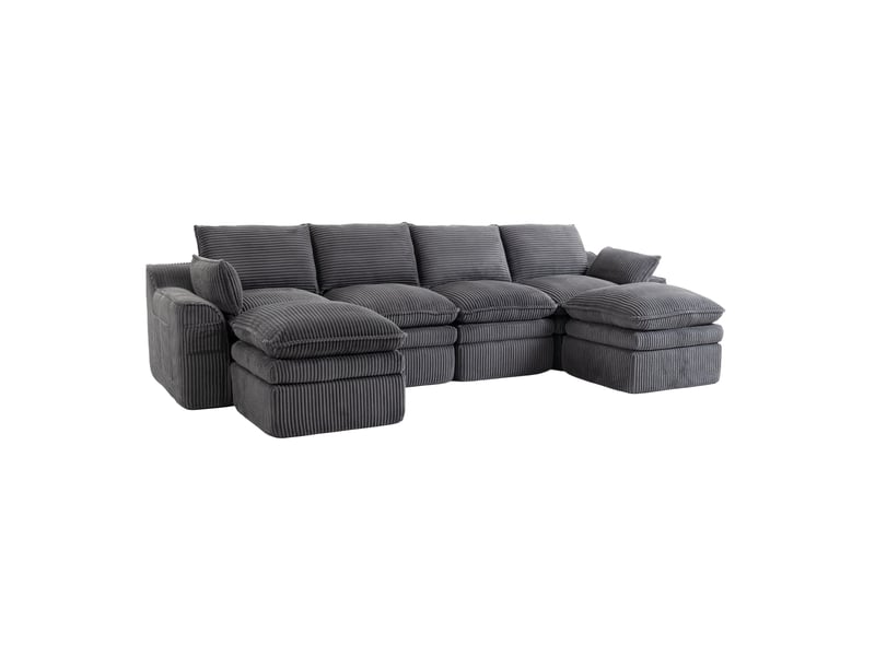  Canapé d'angle modulable 4 places en velours côtelé gris foncé avec 2 poufs et rangements latéraux  - Conforama A