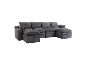 Canapé d'angle modulable 4 places en velours côtelé gris foncé avec 2 poufs et rangements latéraux