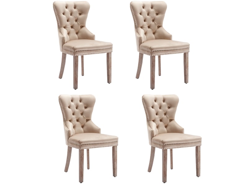  Lot de 4 chaises de salle à manger hauteur 95 cm beige en velours, pieds réglables en bois d'hévéa  - Conforama A