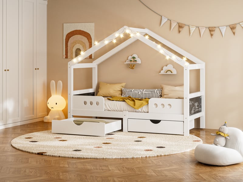  Lit cabane enfant 90x200cm design toit avec 2 grands tiroirs et cadre bois,bois massif,blanc (sans matelas) Seren Glow - Conforama D