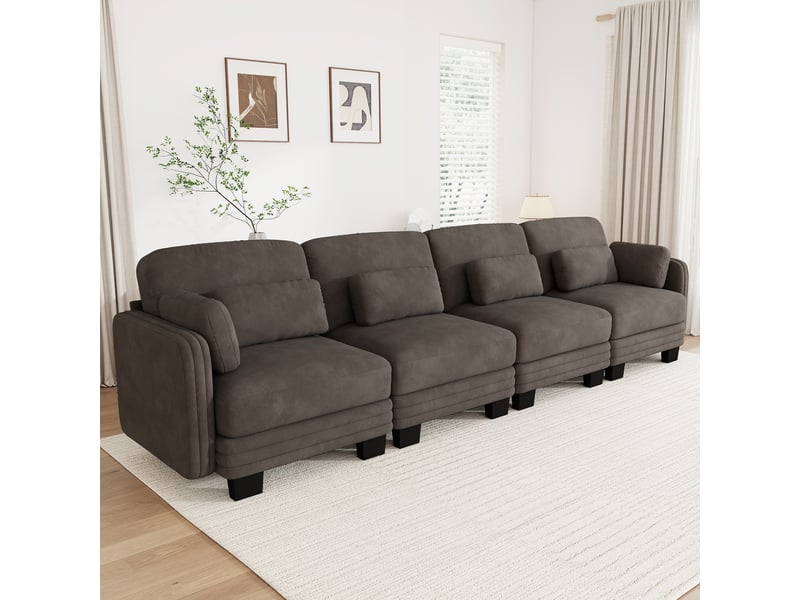  Canapé droit modulable 330 cm 4 places avec coussins d’accoudoir amovibles, coussins lombaires épais à soutien renforcé, chenille, brun café  - Conforama B